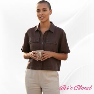 Happy Nature Chocolate Women's Top Blouse Sz XL Linen Blend Button Up Crop